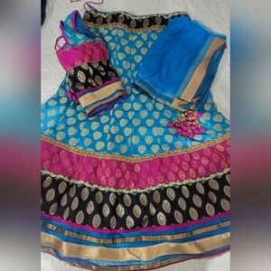 Blue, Pink, and Gold Lengha Choli